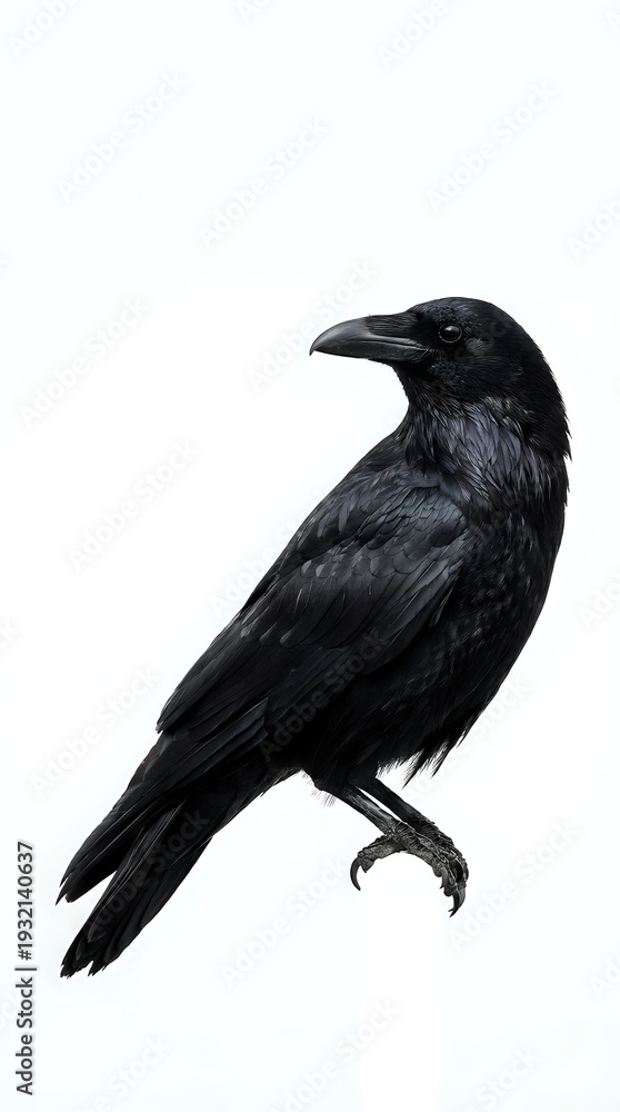 Fototapeta premium Black raven bird isolated on white background with detailed feathers and sharp beak for wildlife and nature designs.