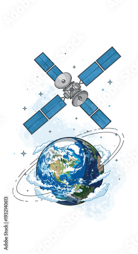 A gray satellite with four blue solar panels is orbiting above a detailed Earth, which is surrounded by swirling clouds and a prominent orbital ring.