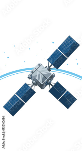 A detailed gray satellite with four prominent blue solar panels is depicted floating in a minimalist space environment with a subtle blue orbital line.