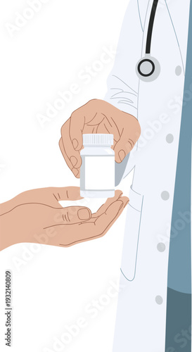 A doctor's hands, partially visible with a white lab coat and stethoscope, are carefully handing a white pill bottle to another person's open hands.