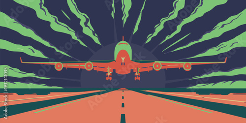 Retro style flat design illustration of an airplane on a runway with dramatic clouds and sunset