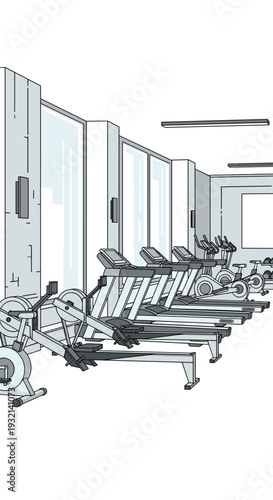 An empty, modern pixelated gym interior features rows of cardio equipment including treadmills, ellipticals, and rowing machines with large windows.