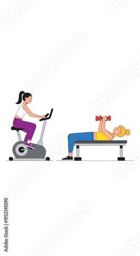 One woman cycles on a stationary exercise bike while another woman bench presses dumbbells on a flat bench against a clean white background.