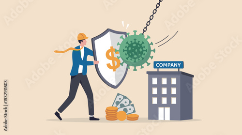 Economic stimulus and financial aid to protect company from bankruptcy during COVID-19 pandemic, businessman using money shield to block coronavirus wrecking ball from hitting business building.
