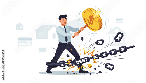 Businessman breaking heavy metal chains labeled debt using a large gold coin hammer, concept of financial freedom, loan repayment, mortgage solution, and overcoming financial problems.