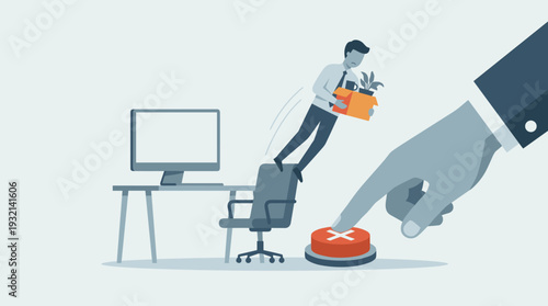 Business Concept of a Fired Office Worker Being Ejected as a Large Hand Presses a Red Reject Button, Corporate Layoff, Job Loss, Downsizing, and Unemployment Vector Illustration