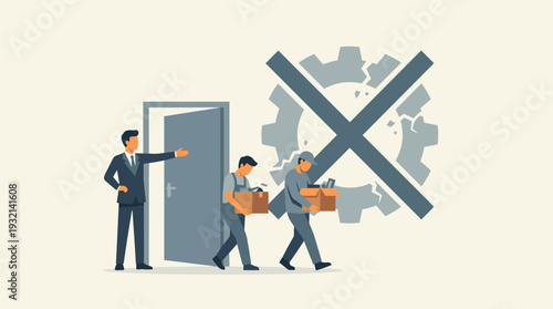 Flat Vector Illustration of Workers Being Fired by Boss, Employees Leaving with Boxes of Personal Belongings, Concept of Job Loss, Layoffs, Unemployment, Downsizing, and Industrial Failure Crisis.
