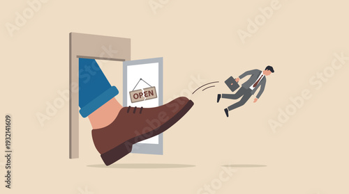 Businessman Being Kicked Out of Office by Giant Foot, Job Loss and Unemployment Concept, Business Failure and Corporate Layoff Metaphor, Career Setback and Employee Termination Vector Illustration