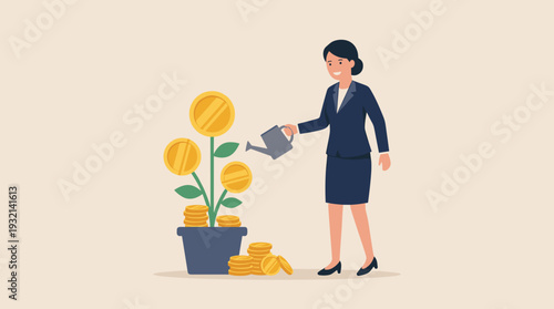Businesswoman watering a money plant with gold coins growing on it, representing financial growth, investment strategy, capital gain, profit increase, wealth management, and business success.