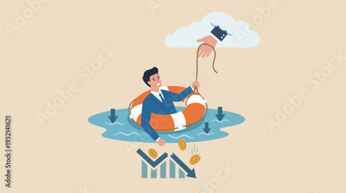 Business Rescue and Financial Support Concept with Businessman in Lifebuoy Receiving a Helping Hand from a Cloud During Economic Crisis, Bankruptcy, and Market Crash with Falling Coins.