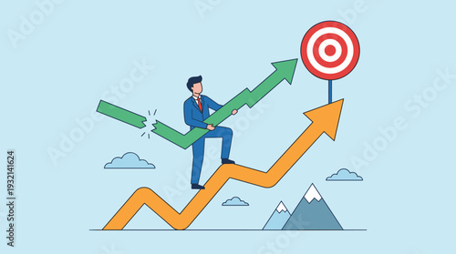 Successful businessman standing on an upward growth chart and fixing a broken arrow to aim at a target, symbolizing strategic planning, overcoming failure, and achieving business objectives.