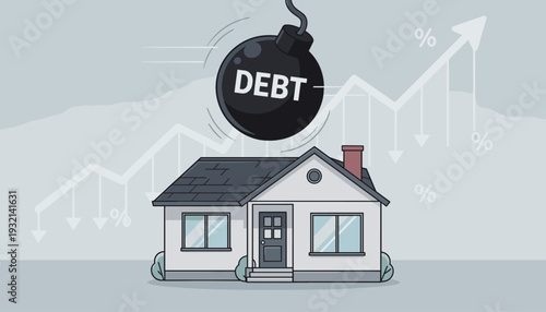 Home Loan Debt Crisis Concept with a House and a Falling Debt Bomb. Vector Illustration of Financial Risk, Mortgage Burden, and Economic Instability in the Real Estate Market with Data Graph.