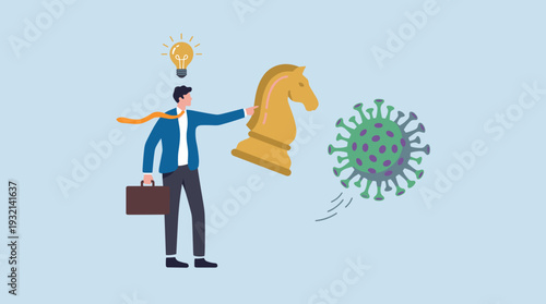 Businessman Using Chess Knight Strategy and Creative Idea to Fight Coronavirus Pathogen, Concept of Business Leadership and Strategic Planning for Economic Recovery During Global Pandemic Crisis