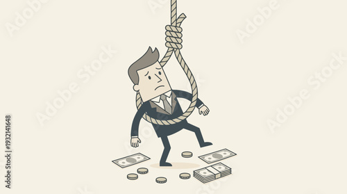 Businessman Caught in a Rope Loop Noose Metaphor for Financial Trap Debt and Economic Risk Concept with Money Bills and Coins on Ground Vector Illustration of Corporate Stress and Captivity