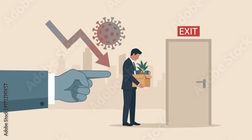 Sad Businessman Fired Due to Economic Downturn and Coronavirus Pandemic Crisis, Employee Carrying Box of Belongings to Exit Door After Job Loss and Layoff, Global Recession Vector Illustration