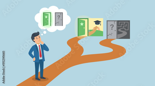 Businessman at a crossroads making a career choice between a clear path to success with a graduation cap and a dark uncertain path with a maze, concept of decision making and opportunity.