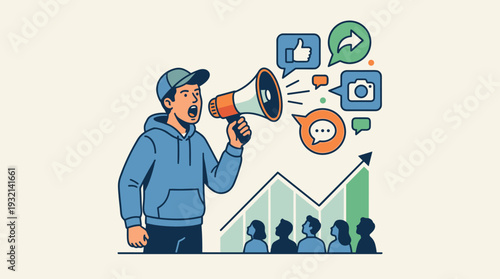 Social Media Influencer Marketing Concept with Man Shouting into Megaphone to Drive Audience Growth and Engagement, Featuring Viral Content Icons and Success Graph Vector Illustration