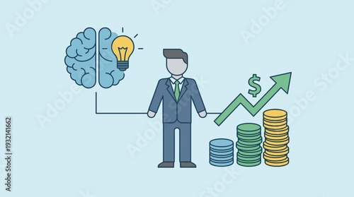 Businessman converting artificial intelligence and creative ideas into financial profit, vector illustration of income growth, money stacks, and rising arrow for business success and wealth.