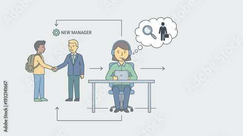 Recruitment Process Illustration Showing HR Professional Searching for New Manager Candidate. Human Resources Employee Hiring Talent for Business Team with Handshake and Magnifying Glass Icon.