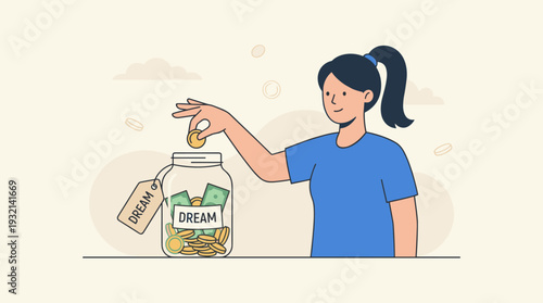 Young woman putting a coin into a glass jar labeled Dream, symbolizing financial planning, saving money for future goals, investment, and personal aspirations in a flat vector illustration style.