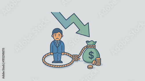 Businessman Caught in a Rope Loop Tied to a Money Bag Representing Financial Trap, Debt Burden, and Economic Downturn with Downward Arrow, Illustrating Investment Risks and Bankruptcy Concepts