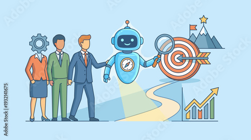 AI robot leading a business team to success, using artificial intelligence for strategic goal setting, data analysis, and finding direction towards targets and growth in a corporate setting.