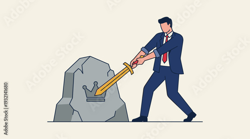 Businessman in a Professional Suit Trying to Pull a Golden Sword from a Stone with a Crown Symbol, Representing Business Leadership, Power, Success, and the Quest for Authority, Flat Vector.