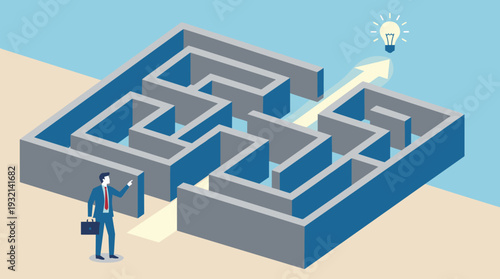 Businessman in a suit standing at the entrance of a complex 3D maze looking for a shortcut to a glowing lightbulb idea, representing business strategy, problem solving, and overcoming challenges.