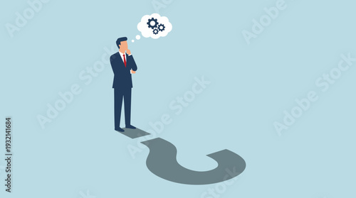 Businessman Thinking About Problem Solution with Question Mark Shadow and Gear Thought Bubble, Conceptual Illustration of Business Strategy, Decision Making, and Logical Analysis Process.