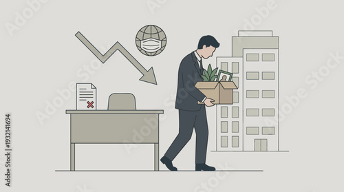 Sad businessman in suit carrying box of personal belongings after being fired due to economic downturn and global financial crisis caused by the coronavirus pandemic and COVID-19 spread.