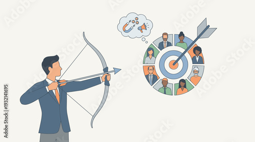 Businessman Aiming Bow and Arrow at Target with Diverse Customer Avatars, Marketing Strategy for Audience Acquisition, Precision Advertising Campaign and Lead Generation Concept Illustration