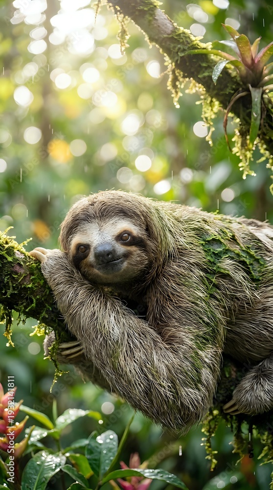 Naklejka premium Adorable sloth hanging on tree branch in lush tropical rainforest with soft bokeh light filtering through green canopy during peaceful afternoon.