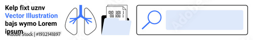 Medical research, data analysis, diagnostics, information organization, content search, health records. Illustrated icons of lungs, a document folder and a search bar. Medical research and data