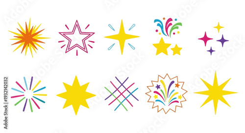 Vibrant collection of sparkling starbursts, glowing accents, and cheerful graphic elements, ideal for adding festive flair and bright emphasis to diverse design projects