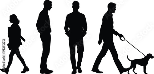 Silhouette of diverse people walking, standing, and walking a dog on a leash isolated on a clean white background, vector.