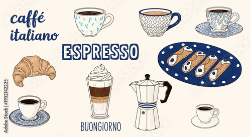 Assorted Coffee Cups and Pastries on a Table with Italian Text and Illustrations