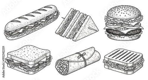 Assorted sandwiches, burgers, and wraps displayed on a clean surface, showcasing various fillings and textures from above