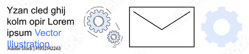 Communication systems, email services, automation, digital workflow, technology tools, and business solutions. Envelope and gear icons collaboration. Communication systems and email services concept