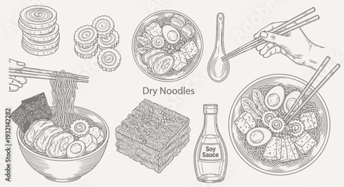Assorted Asian Noodle Dishes and Ingredients Illustration