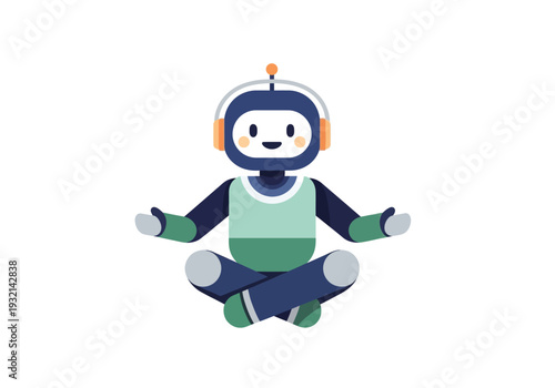 Chat robot meditating in lotus pose, symbolizing peace, technology, and inner balance