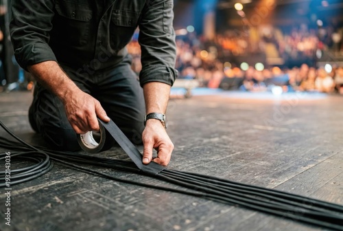 Stage technician using black gaffer tape to secure audio cables to the stage floor before a show