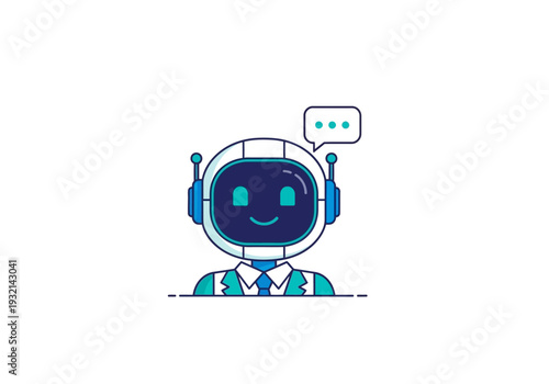 Friendly robot avatar with speech bubble, concept of AI assistant, chatbot, or virtual communication