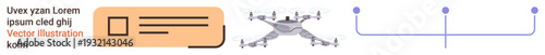 quadcopter technology, connectivity, transportation, engineering, UAV innovation, and design visuals. A Quadcopter, text box and connectivity diagram arranged on a white background. Drone technology