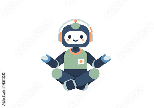 Cute cartoon robot meditating peacefully with headphones on, representing technology and relaxation
