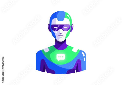 Futuristic robot character with a chat bubble icon on its chest, representing artificial intelligence and communication