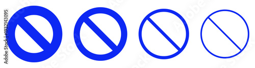 Set of blue no symbol vector icons with varying stroke weights and multiple style variants, designed for interface navigation and restriction indicators.