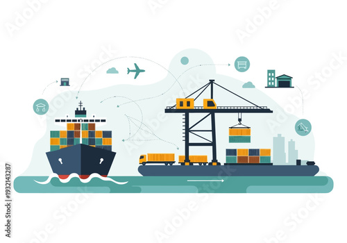 Global shipping and logistics industry, illustrating container ship, cargo crane, and freight transport network