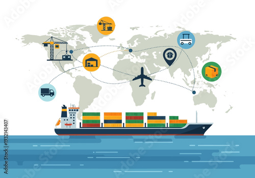 Global shipping and logistics network with cargo ship, container, and worldwide transport icons