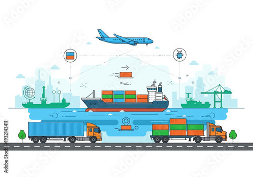 Global shipping and logistics network connecting air, sea, and land transportation with modern cargo ships, airplanes, and trucks for efficient delivery