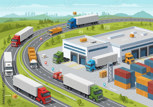 Logistics hub with trucks, warehouses, and shipping containers in a busy industrial zone